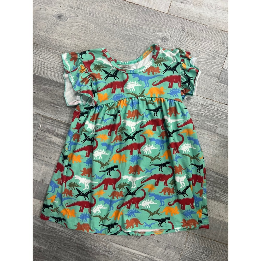 Kids Dinosaur Print Flutter Sleeve Dress Teal Multi Color 3T Cotton Blend